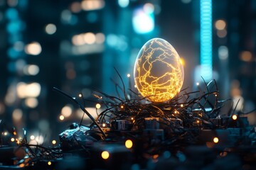 Poster - Futuristic glowing egg surrounded by wires and lights in a vibrant urban setting at night