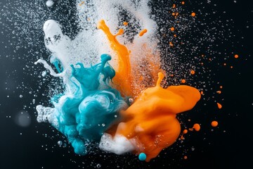 Poster - Colorful splashes of orange and blue paint create dynamic patterns in a dark background with bubbles
