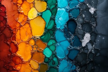 Poster - Colorful bubbles formed by soap and water in a vibrant abstract display of orange, green, blue, and black hues