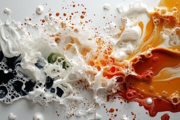 Poster - Colorful liquids create dynamic swirls and textures on a white surface during a creative art project