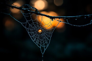 Poster - Intricate spider web adorned with dewdrops glistens against a blurred sunset background in a serene forest setting
