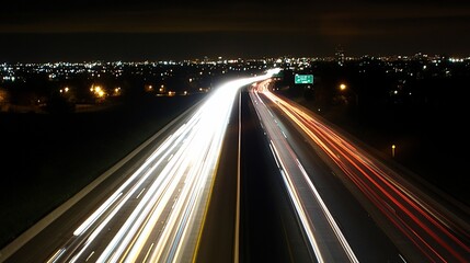 Wall Mural - Night highway with light trails, city skyline in background.