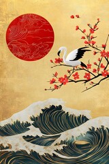 Wall Mural - Chinese and Japanese oriental line art with golden texture. Wallpaper design with Cherry blossoms flower and Flamingo. Red sun, Ocean and wave wall art.