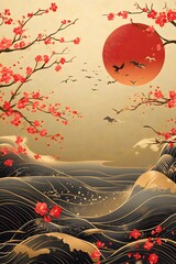 Wall Mural - Chinese and Japanese oriental line art with golden texture. Wallpaper design with Cherry blossoms flower and Flamingo. Red sun, Ocean and wave wall art.