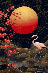 Wall Mural - Chinese and Japanese oriental line art with golden texture. Wallpaper design with Cherry blossoms flower and Flamingo. Red sun, Ocean and wave wall art.