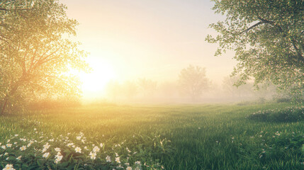 a stunning natural background of a peaceful meadow at dawn, the sun rising over the horizon casting 