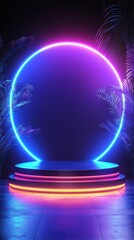 Aufkleber - This vibrant setting features glowing geometric forms and a striking archway, ideal for product displays. The neon lights create an energetic ambiance perfect for innovative showcases