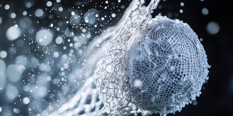 Abstract sphere encased in a delicate, net-like structure, with water droplets splashing around it.