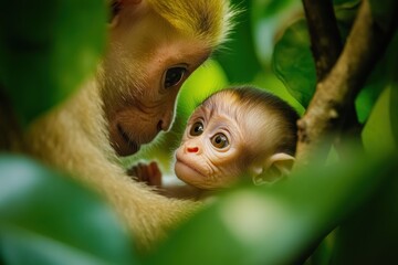 Poster - Close-up of a mother monkey gently cradling her baby monkey amidst lush green foliage.