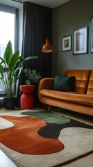 Poster - A stylish lounge area showcases a brown and dark green retro rug with abstract patterns, complimented by a cozy orange sofa and lush greenery, creating a warm atmosphere