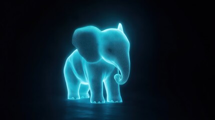 Wall Mural - glowing neon baby elephant, dark background.