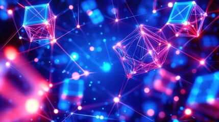 Poster - Abstract Futuristic Network with Glowing Nodes and Geometric Shapes