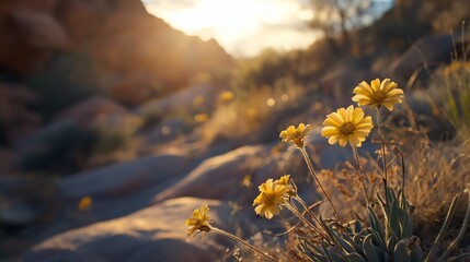 Poster - Golden wildflowers blooming at sunset in a rocky desert landscape.