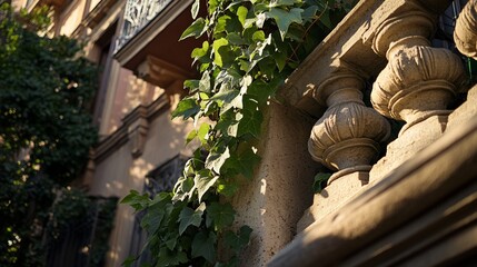 Wall Mural - Ivy climbing stone balustrade on a sunny building facade.