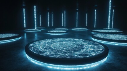 Poster - Futuristic platform room with glowing neon light structures in dark space