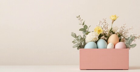 Poster - Pastel Easter eggs with flowers in a pink box, ideal for spring celebrations, showcasing soft colors and a joyful atmosphere