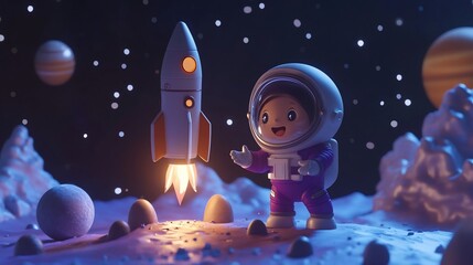 Wall Mural - a cute cartoon astronaut stands on an alien planet beside a small rocket ship ready for launch.
