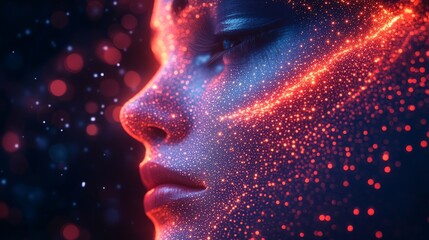 Wall Mural - A woman's face is covered in glitter, giving it a futuristic