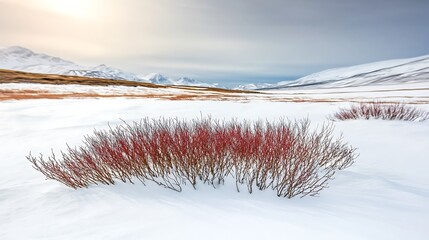 Canvas Print - Vibrant red shrubs contrast against a snowy landscape under a cloudy sky in winter