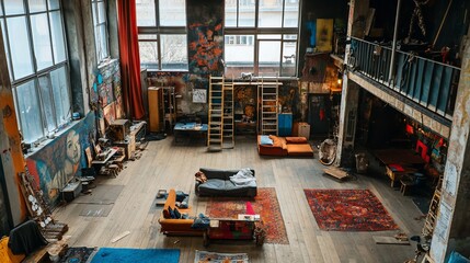 Poster - High-angle view of a spacious, cluttered artist's loft with hardwood floors, couches, rugs, ladders, and wall art.