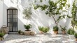 © Slamet - Mediterranean courtyard, potted plants, sunlit stone patio, white wall, relaxing scene, home decor