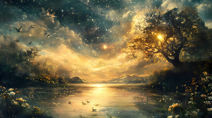 Wall Mural - Twilight reverie: a celestial emanation transcending terrestrial realms into tranquil ethereal landscapes. Phantom Landscapes. Illustration