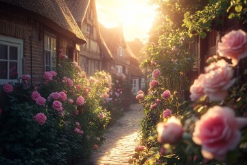 Wall Mural - Sunlit cobblestone lane lined with rose bushes and charming houses.