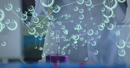 Poster - Image of scientist in lab coat analyzing digital data overlay with futuristic graphics