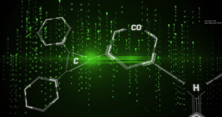 Poster - Chemical structure and binary code image over green background
