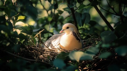 Sticker - A light-colored bird sits nestled in a leafy nest, sunlight illuminating its feathers.