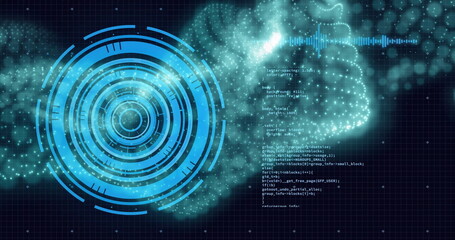 Poster - Futuristic digital interface with rotating circles and code image over grid background
