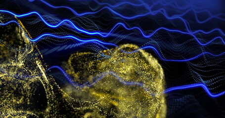 Poster - Golden particles forming abstract shape over blue wave image