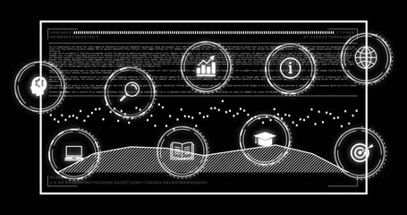 Data processing and analysis image over various icons and text on black background