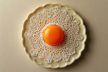 Wall Mural - Bright orange gelatin dessert sits atop a decorative doily