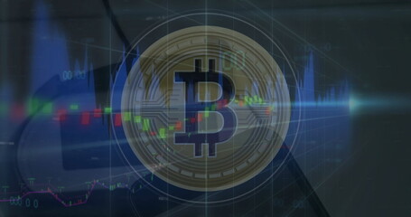 Poster - image of bitcoin and data processing over desk in office