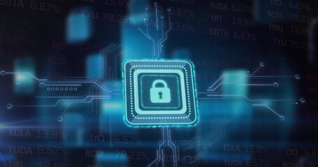 Aufkleber - image of padlock icon and motherboard network over data processing on dark background