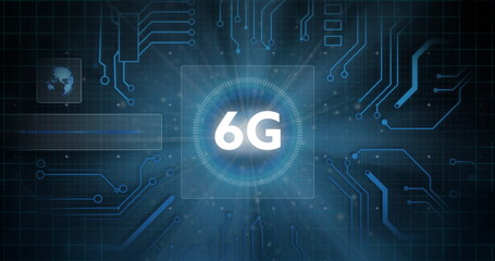 Poster - Image of 6g text and light over motherboard network on dark background
