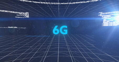 Poster - Image of 6g text, light, scanner and processing data on dark background