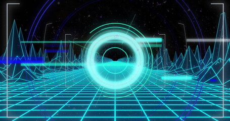 Poster - Image of scope scanning over digital mountains on black background
