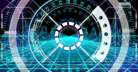 Poster - Image of scope scanning over digital mountains on black background