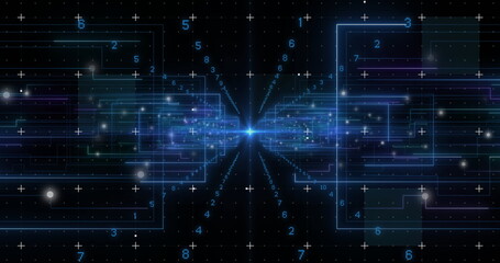 Poster - image of light trails and data processing on black background