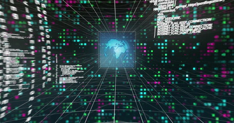 Poster - image of data processing over colourful light spots on black background