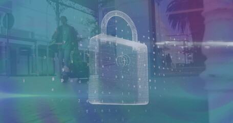 Aufkleber - image of data processing with padlock icon over diverse people walking on street