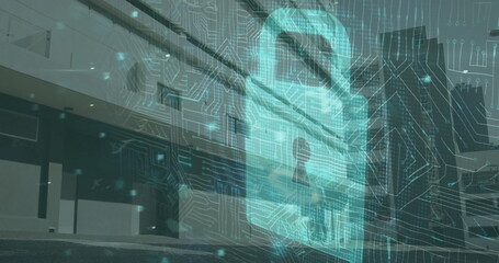 Aufkleber - image of data processing with padlock icon and computer circuit board over cityscape