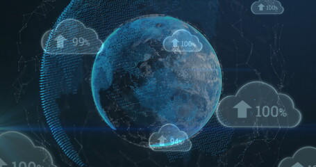 Poster - Image of clouds with percentage and arrow over globes on black background