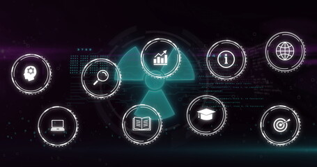 Poster - image of network of connections over digital icons on black background
