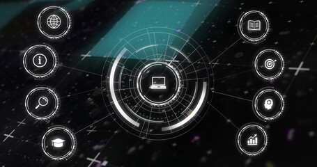 Poster - image of network of connections over digital icons on black background