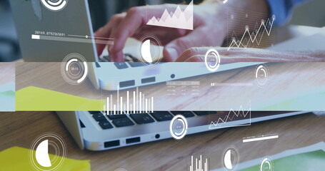 Poster - Image of data processing over caucasian businessman using laptop in office