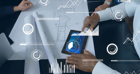 Poster - Image of data processing over diverse colleagues having meeting in office
