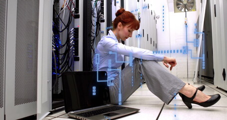 Poster - Image of digital data processing over caucasian female it engineer by computer servers